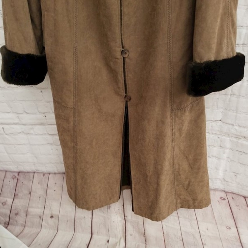 Vintage UteX long suede coat with brown fur lining and trim hooded size p small - Picture 2 of 5